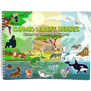 Animal Habitats Sticker and Coloring Book. 9 Habitats with Stickers and Coloring Pages. Engaging, Educational, Interactive, Fun, and Colorful.