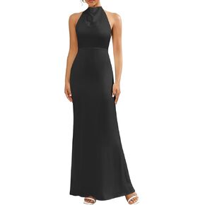 KUTUMAI Satin Slik Maxi Dress Mock Neck Backless Formal Cocktail Dresses for Women 2024 Wedding Guest