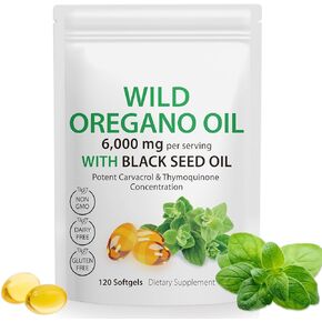 Oil of Oregano Softgels,Wild Oregano Oil 6,000mg with Black Seed Oil 200mg Capsules, 120 Count, Potent Carvacrol & Thymoquinone, Non-GMO, Dairy Free, Gluten Free