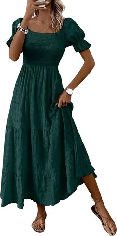 SHENHE Women's Summer Short Puff Sleeve Square Neck Smocked Tiered Ruffle Boho Sundress in Saudi Arabia