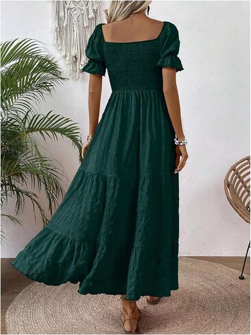SHENHE Women's Summer Short Puff Sleeve Square Neck Smocked Tiered Ruffle Boho Sundress in Saudi Arabia