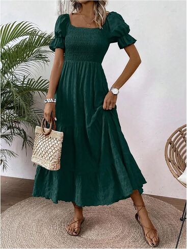 SHENHE Women's Summer Short Puff Sleeve Square Neck Smocked Tiered Ruffle Boho Sundress in Saudi Arabia