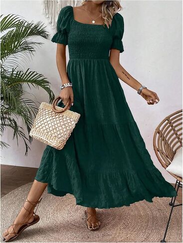 SHENHE Women's Summer Short Puff Sleeve Square Neck Smocked Tiered Ruffle Boho Sundress in Saudi Arabia