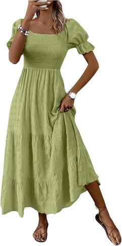 SHENHE Women's Summer Short Puff Sleeve Square Neck Smocked Tiered Ruffle Boho Sundress in Saudi Arabia
