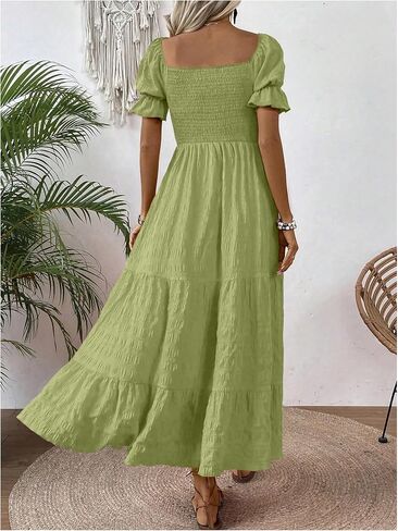 SHENHE Women's Summer Short Puff Sleeve Square Neck Smocked Tiered Ruffle Boho Sundress in Saudi Arabia