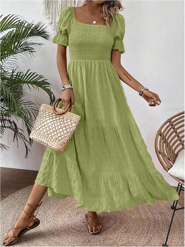 SHENHE Women's Summer Short Puff Sleeve Square Neck Smocked Tiered Ruffle Boho Sundress in Saudi Arabia