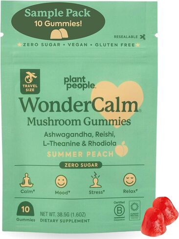 Plant People WonderCalm Mushroom Gummies - Natural Ashwagandha Supplement to Ease Stress & Boost Mood for Adults without Sugar, Gluten or Artificial Colors, Vegan-Friendly, Peach Flavor, 60 Count in Kuwait