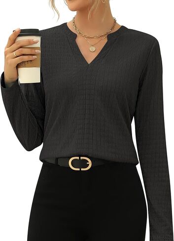 قمصان Rapbin النسائية ذات الأكمام الطويلة والمزخرفة للخريف الأنيقة ورقبة على شكل حرف V وبلوزات عمل كاجوال أنيقة ومتعددة الألوان in Kuwait