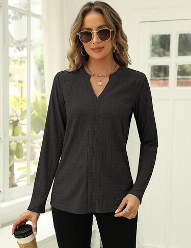 قمصان Rapbin النسائية ذات الأكمام الطويلة والمزخرفة للخريف الأنيقة ورقبة على شكل حرف V وبلوزات عمل كاجوال أنيقة ومتعددة الألوان in Kuwait