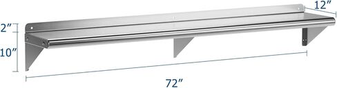 رف تجاري مثبت على الحائط من الفولاذ المقاوم للصدأ مقاس 12 بوصة × 72 بوصة لتعليق الأواني والمقالي - مثالي للتخزين في المطاعم والمطابخ والمنازل والفنادق in Kuwait