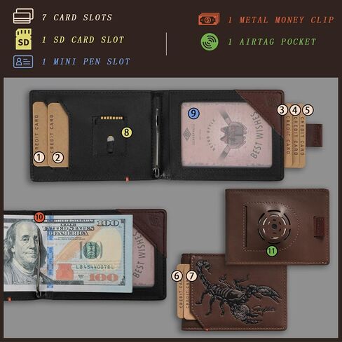 Mens Slim Air Tag Wallet Brown Western Scorpion Front Pocket Wallets For Men Airtag With Money Clip Card Holder Genuine Leather(brown) in Saudi Arabia