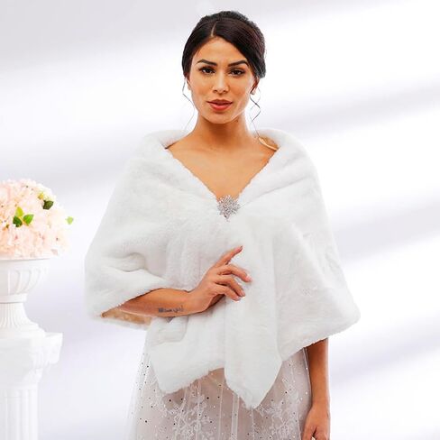 Ursumy Wedding Shawl Faux Fur Wraps Bridal Fur Stole Fur Scarf with Rhinestones Brooch for Bride and Bridesmaids (Beige) in Saudi Arabia