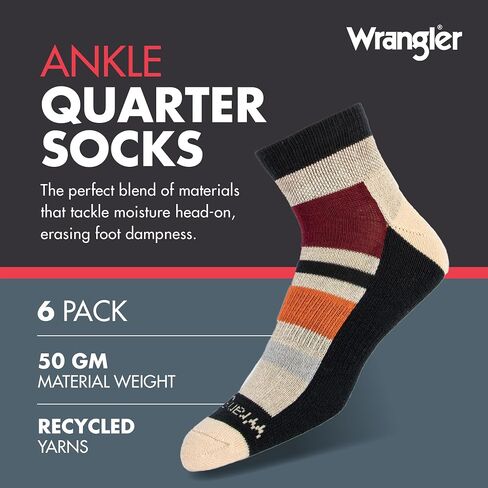 Wrangler Outdoor - 6 جوارب رجالي ربع سنوية، جوارب للكاحل للرجال، ماصة للرطوبة تناسب مقاس الحذاء 6-12 in Saudi Arabia