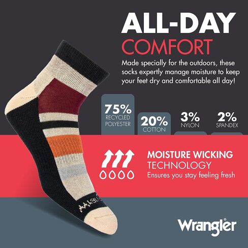 Wrangler Outdoor - 6 جوارب رجالي ربع سنوية، جوارب للكاحل للرجال، ماصة للرطوبة تناسب مقاس الحذاء 6-12 in Saudi Arabia