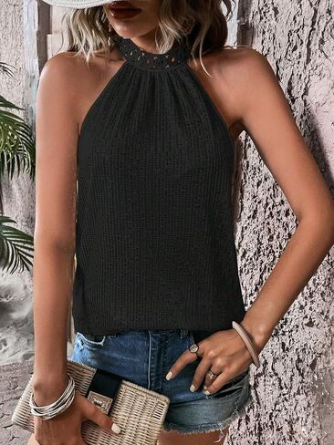 Floerns Women's Casual Shiny Sequin Tie Back Lace Halter Neck Sleeveless Tank Top in Saudi Arabia