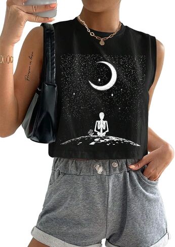 Remidoo Women's Casual Sleeveless Graphic Cropped Top Crewneck Tank Top Shirts in Saudi Arabia