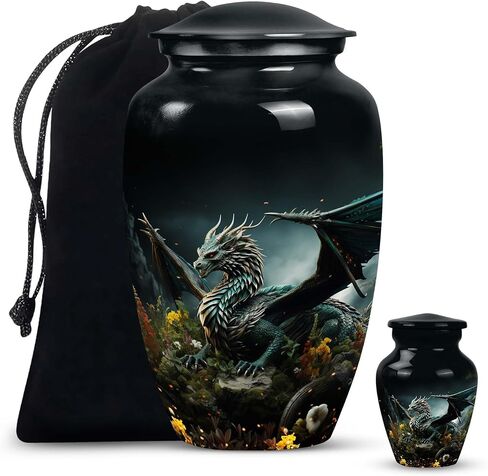 Dragon of Enchanted Woods - Combo of 1 Large Urn with Velvet Bag and 2 Small - Keepsake Cremation Urns for Human Ashes Adult Set of Large & Small Keepsake for Male & Female - Unique Urns, Black in Saudi Arabia