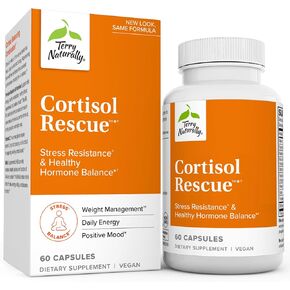 Terry Naturally Cortisol Rescue - Adrenal Health & Energy Support Supplement - Vitamin C & Riboflavin Formula - Vegan Supplement with Vitamin B12, Biotin & DHEA - 60 Capsules (60 Servings)