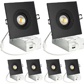 Gimbal Recessed Ceiling Light Fixture 5CCT Selectable 360° and 30° Rotatable Downlight,Canless Recessed Square Light with Junction Box,850Lm 8W 120V Dimmable Led Light,3 Inch 6Pack White