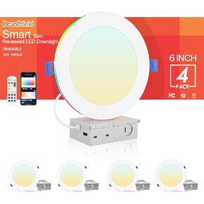 6Pack Smart RGB Recessed Light 6Inch,Ultra-Thin Canless LED Downlight,2.4GHz Wi-Fi Bluetooth Direct Connect,2700K-6500K,12W,1080LM,Work with App/Alexa/Google Assistant/Siri