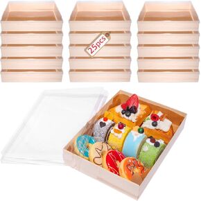 25 Sets Wooden Charcuterie Boxes with Clear Lids, Anti-grease Bento Boxes suitable for hot dogs, sandwiches, French fries, muffins Sushi, Waffle, Cookie, Fruits, Pastry, Desserts(9.4x6.9x2.36 Inch)