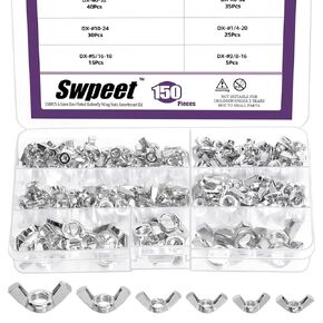 Swpeet 150Pcs Carbon Steel Zinc Plated SAE Wing Nuts Butterfly Nuts Hex Dome Cap Fasteners Hardware Assortment Kit, 6 Sizes - #6-32#8-32#10-24#1/4"-20# 3/8"-16#5/16"-18