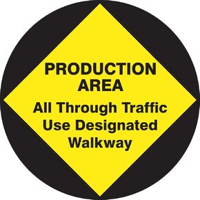 Accuform MFS821 Slip-Gard Adhesive Vinyl Round Floor Sign, Legend "Production Area - All Through Traffic USE Designated Walkway", 8" Diameter, Black/Yellow