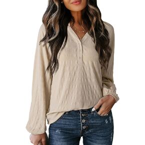 Dokotoo Womens Tops Dressy Casual Lantern Long Sleeve Shirts Fall Outfits Textured Business Blouses V Neck Button Down Shirts