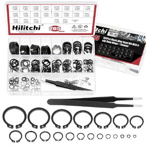 Hilitchi 303Pcs 304 Stainless Steel E-Clip and C-Clips External Retaining Ring Assortment Set with Tweezers, 1.5mm-10mm E-Clip Retaining Rings M4-M28 External Circlip Snap Retaining Clip Ring