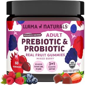 Llama Naturals Real Fruit Prebiotic & Probiotic Gummies for Adults, No Added Sugar Cane, Vegan Organic Synbiotics, Digestive Support, Women & Men Gut Health, 5B CFU, 60 ct (30 Days) Peach Mango