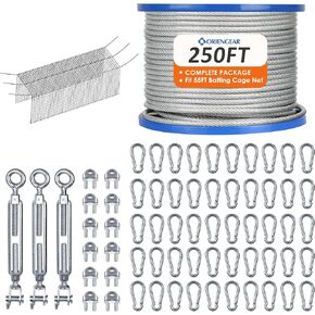 ORIENGEAR Batting Cage Netting Wire Kit for Baseball and Softball Included Galvanized Cable and Hook Set, Batting Cage Suspension Net Kits for Hitting Tunnels DIY, 55FT/70FT