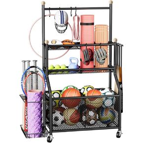 Garage Sports Equipment Organizer, Garage Ball Storage Rack with Basket and 6 S-Hooks, Garage Toy Organizer, Heavy Duty Sports Organizer for Garage, Rolling Ball Cart with Wheels