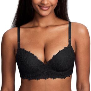 DOBREVA Women's Push Up Bra No Underwire Lace Comfortable Wireless Bras Padded Support Plunge Bralette