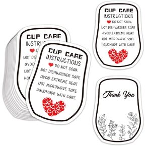 PLIGREAT 100 Pcs Tumbler Cup Cards Cup Care Instruction Heart Design Tumbler Cups Care Instruction and Thank You Cards for Small Business Online Shop Boutique Cup Shop Package Insert Cards