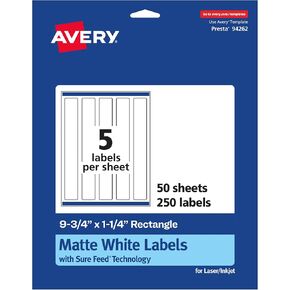 Avery Matte White Rectangle Labels with Sure Feed, 9.75" x 1.25", 125 Matte White Printable Labels