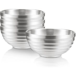 4Pcs 18/8 Stainless Steel Bowls Double Layer Insulated Noodle Soup Bowl Rice Bowl Salad Bowl, Metal Bowls for Fruit Cereal Snack Appetizer,Dishwasher Safe,5.5in (Silver)