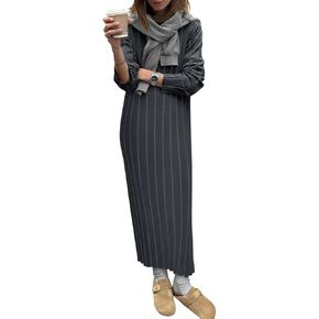 Yousify Womens 2024 Trendy Fall Long Sleeve Sweater Dresses Casual Round Neck Split Hem Bodycon Striped Long Dress
