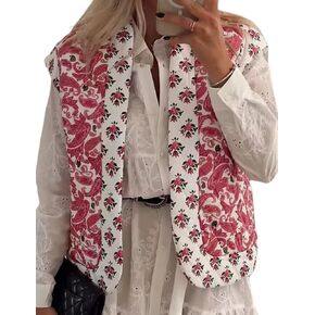 Arssm Womens Floral Quilted Vest V Neck Lightweight Sleeveless Jacket Padded Gilet Open Front Crop Vest