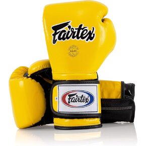 Fairtex Muay Thai Boxing Gloves BGV9 - Heavy Hitter Mexican Style Training & Sparring Gloves for Kick Boxing MMA K69 (Yellow/Black/Black Piping, 14 oz)