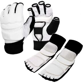 Taekwondo Karate Gloves & Sparring Gear Foot Protector Set, Enhanced Protection Foot Guard and Half-Finger Glove Kit for Punch Bag Training, MMA, and Kickboxing