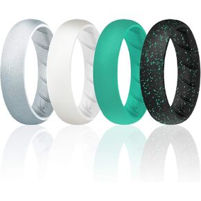 ROQ Silicone Rings for Women, Breathable Silicone Rings, Sets of 4 Bands, Unique Silicone Wedding Ring for Women, Medical Grade Silicone Rubber Band - Black, White, Turquoise Colors - Size 9