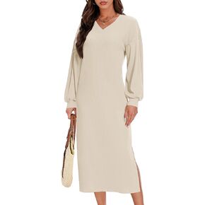 MITILLY Long Sleeve Dress for Women 2024 Fall Outfits Loose Cozy Ribbed Knit V Neck Slit Casual Midi Dress with Pockets