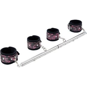 Spreader Bar Heavy Duty Stainless Steel Expandable Black Metal Bar with 4 pcs Black and Red Fur Adjustable Strap, Yoga Training Fitness Gear, Workout Bar,Sports Gym Kit
