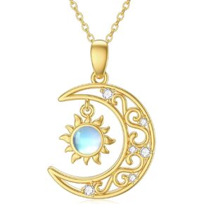 14K Gold Moon Necklaces for Women Gold Mother-of-Pearl Pendant Necklace 14K Gold with Cubic Zirconia 16"-18"