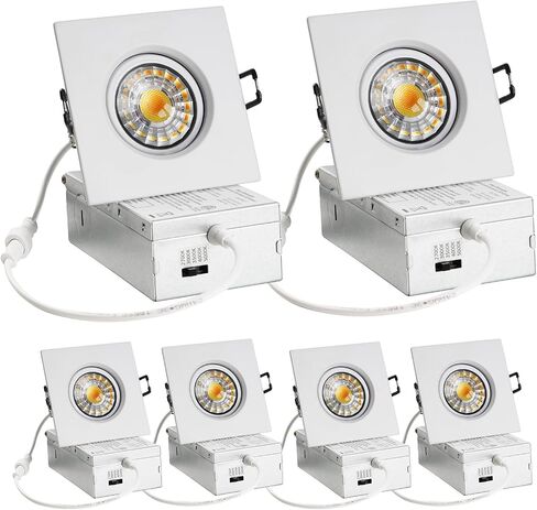Gimbal Recessed Ceiling Light Fixture 5CCT Selectable 360° and 30° Rotatable Downlight,Canless Recessed Square Light with Junction Box,850Lm 8W 120V Dimmable Led Light,3 Inch 6Pack White in Saudi Arabia