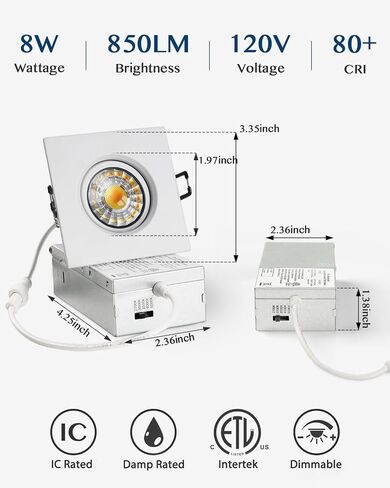 Gimbal Recessed Ceiling Light Fixture 5CCT Selectable 360° and 30° Rotatable Downlight,Canless Recessed Square Light with Junction Box,850Lm 8W 120V Dimmable Led Light,3 Inch 6Pack White in Saudi Arabia