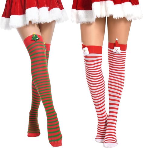 Christmas Thigh High Socks for Women Striped Over the Knee Sexy Stockings with Bows Pack of 2 in Saudi Arabia