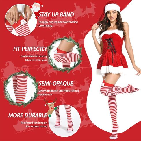 Christmas Thigh High Socks for Women Striped Over the Knee Sexy Stockings with Bows Pack of 2 in Saudi Arabia