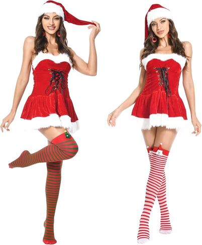 Christmas Thigh High Socks for Women Striped Over the Knee Sexy Stockings with Bows Pack of 2 in Saudi Arabia