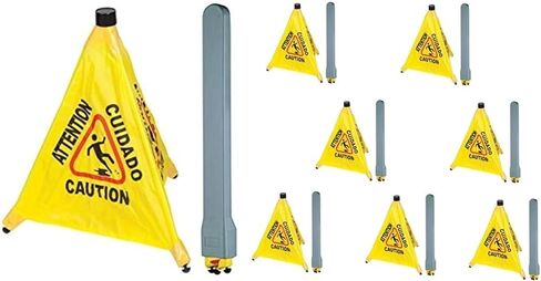 تحذير تجاري متعدد اللغات مقاس 20 بوصة، مخروط أمان منبثق للأرضيات الرطبة مع أنبوب تخزين | أصفر، تحذير - علامة تحذير للبيع بالتجزئة، البقالة، المكتب، السينما، المطاعم، مراكز التسوق | 8 عبوات in Kuwait